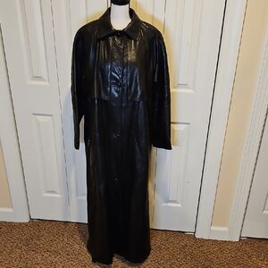 Vintage Reed Elegant Black Leather Coat Trench S Long Buttons